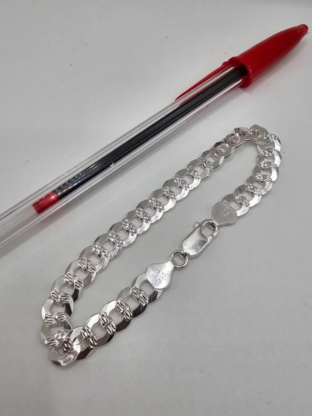 Sterling Silver 925 High Polished Diamond Cut Curb Bracelet 7.2mm 9 inches